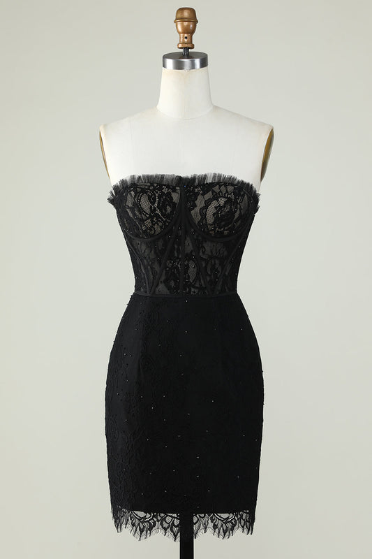 Strapless Black Homecoming Dress With Beading Off Shoulder