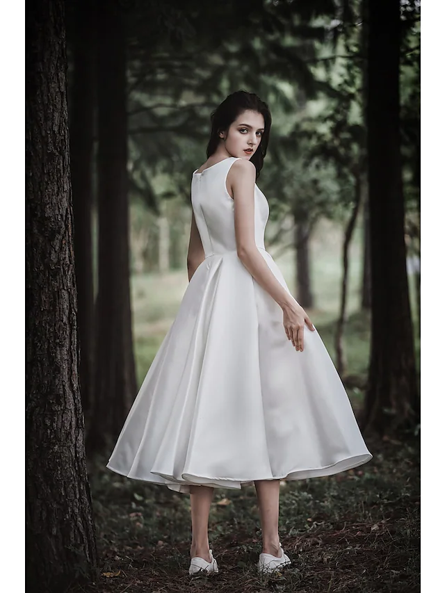 A-Line Wedding Dresses Jewel Neck Tea Length Chiffon Over Satin Cap Sleeve Simple Casual Little White Dress Pure Color