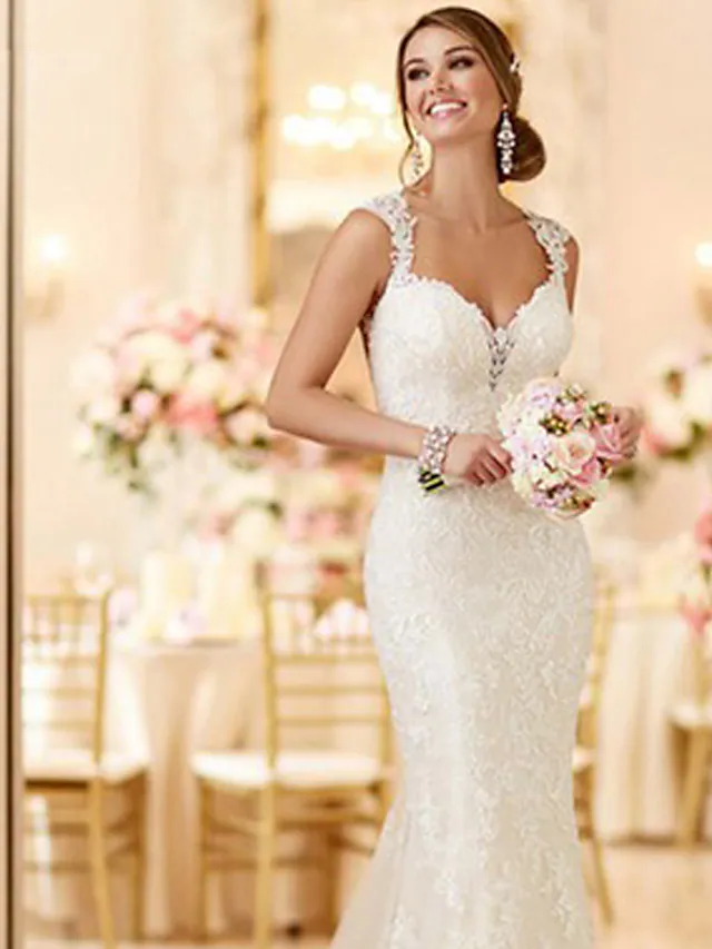 Wedding Dresses V Neck Lace Spaghetti Strap Mordern Sexy Backless Long
