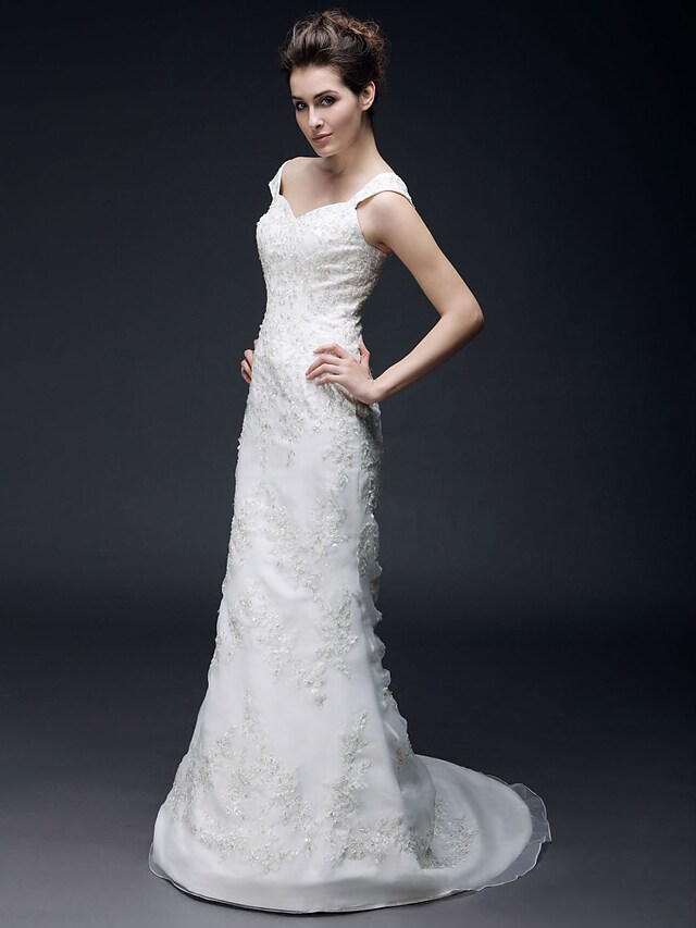 Long Wedding Dresses Sweetheart Neckline Off Shoulder Organza Satin Short Sleeve