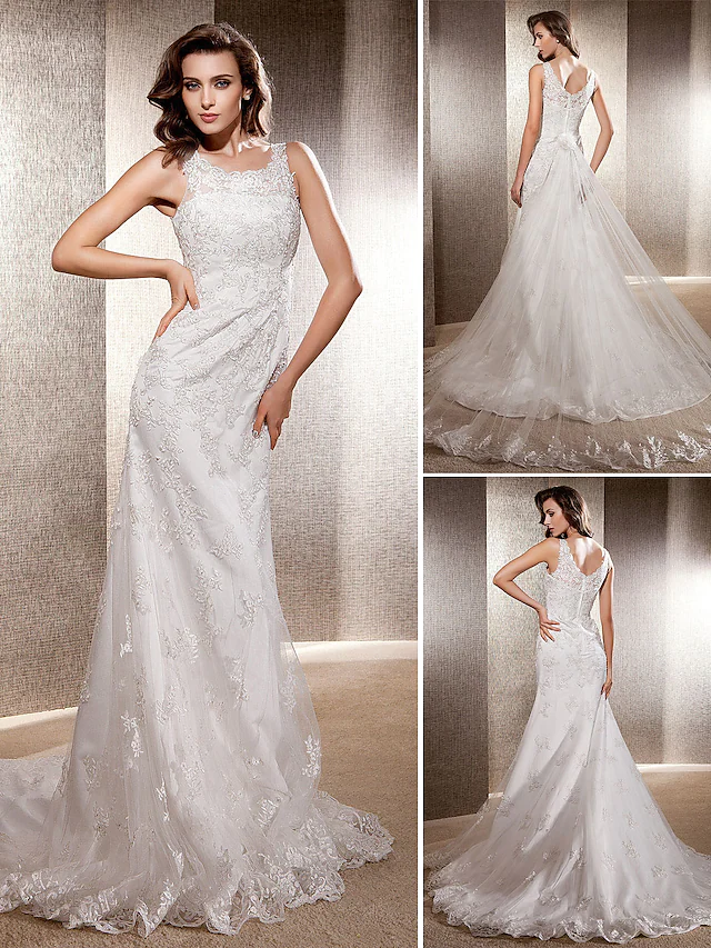 Wedding Dresses Scoop Neck Lace Tulle Sleeveless Long