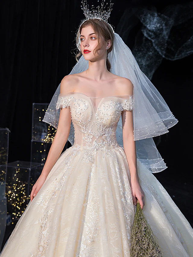 Ball Gown Wedding Dresses Off Shoulder Cathedral Train Tulle Lace Over Satin Sleeveless Formal Elegant with Crystals