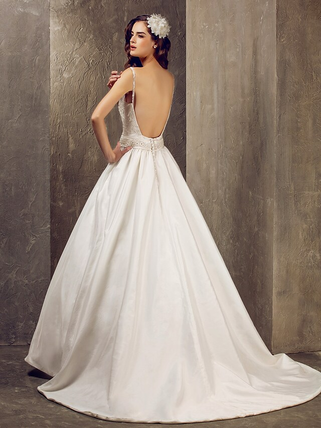 Princess A-Line Wedding Dresses V Neck Lace Taffeta Sleeveless Long