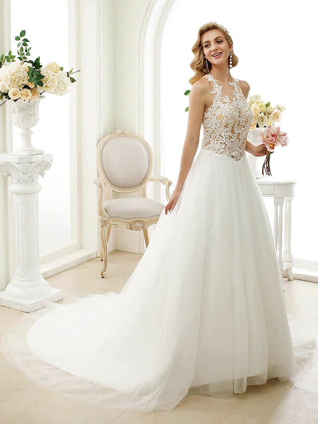 Ball Gown Wedding Dresses Jewel Neck Chapel Train Lace Tulle Lace Over Tulle Regular Straps See-Through Beautiful Back with Buttons