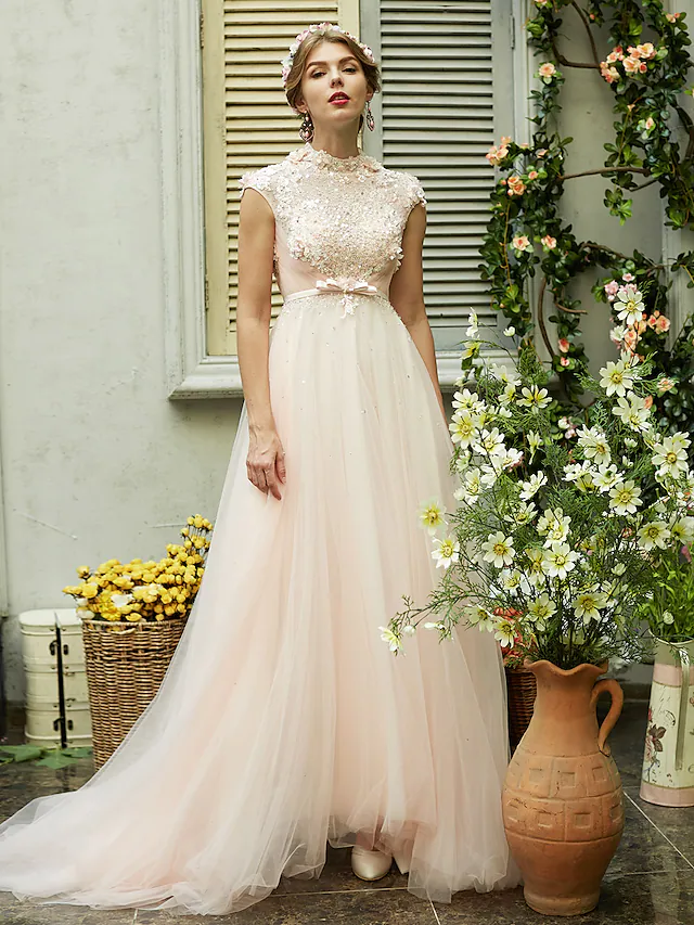 A-Line Wedding Dresses High Neck Sweep Brush Train Tulle Short Sleeve Open Back with Bowknot Sash Ribbon