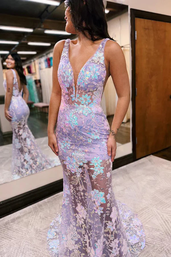 V Neck Mermaid Sequin Lace Long Prom Dresses Sexy Evening Dress With Flowers