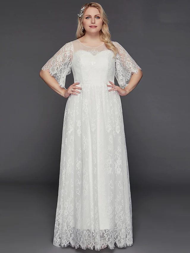 A-Line Wedding Dresses Illusion Neck Jewel Neck Floor Length Lace Tulle Half Sleeve Formal Boho Little White Dress See-Through with Beading Lace