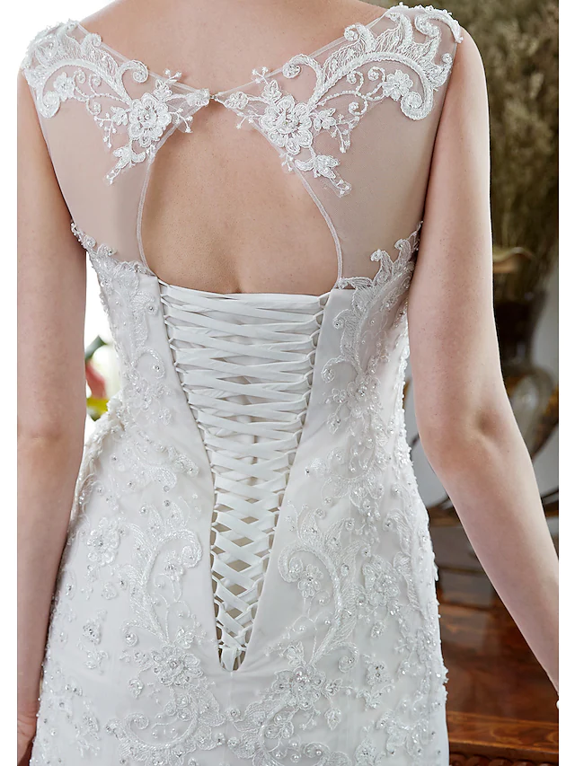 Wedding Dresses Illusion Neck Court Train Tulle Sleeveless Sparkle & Shine with Beading
