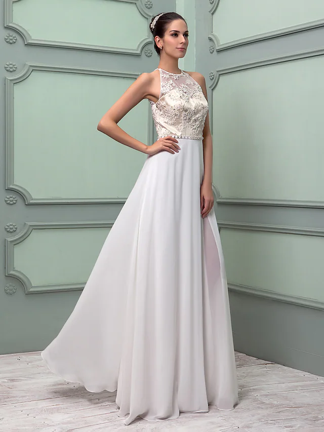 Wedding Dresses Jewel Neck Floor Length Chiffon Lace Regular Straps See-Through with Sash Ribbon
