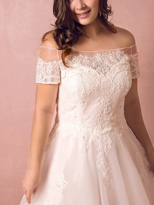 A-Line Wedding Dresses Off Shoulder Floor Length Lace Satin Tulle Short Sleeve Formal Plus Size with Lace Pearls Lace