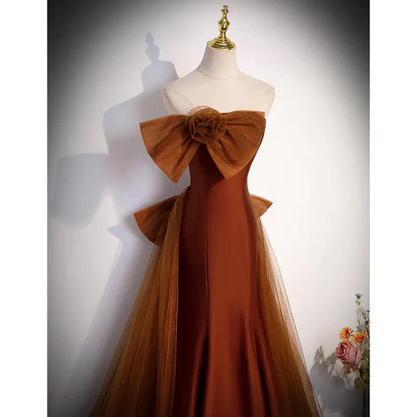Mermaid Brown Tulle Satin Strapless Long Party Dress Formal Dress Prom Dress With Bow(s)