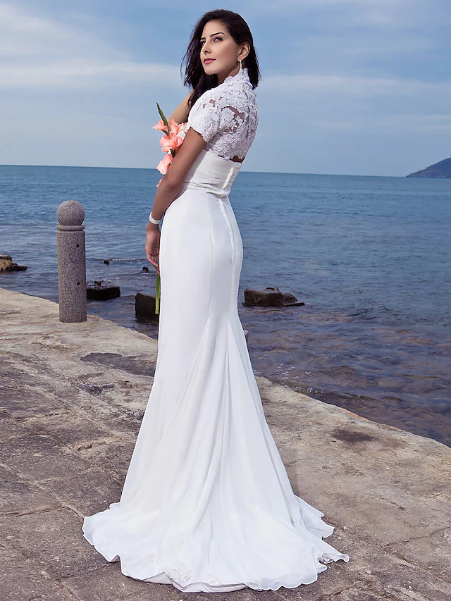 Long Wedding Dresses Strapless Chiffon Short Sleeve Vintage Separate Bodies