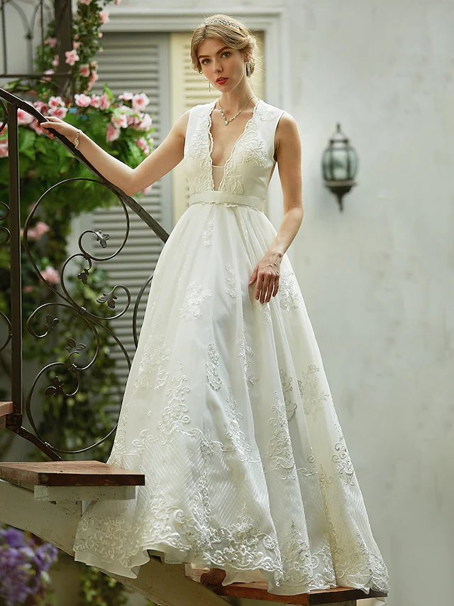A-Line Wedding Dresses Plunging Neck Lace Over Tulle Sleeveless See-Through Beautiful Back Illusion Detail with Sash Ribbon