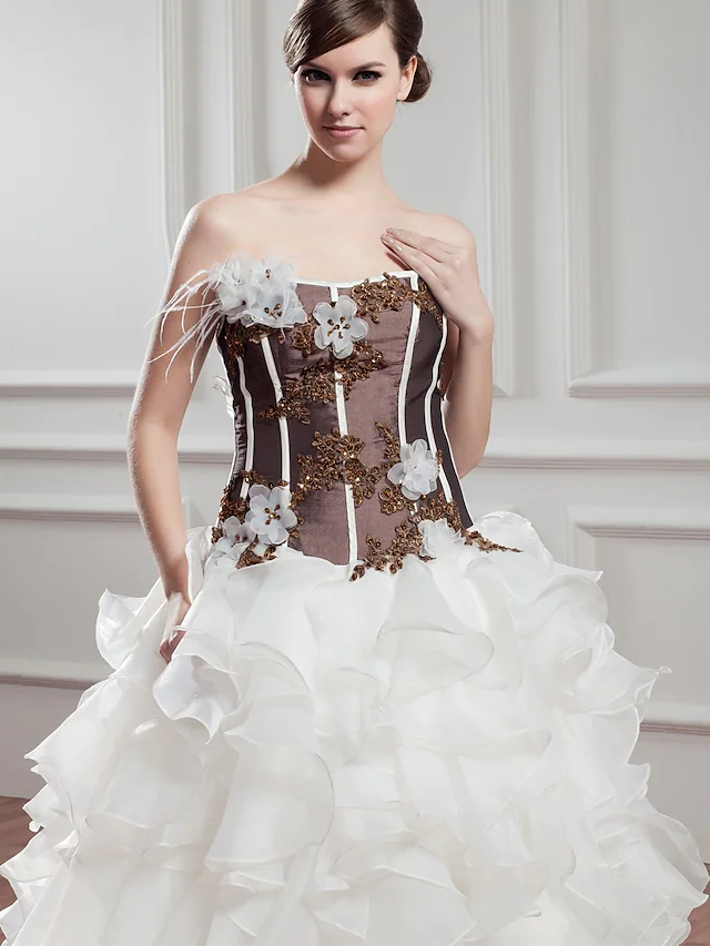 A-Line Wedding Dresses Strapless Chapel Train Lace Organza Satin Strapless with Beading Appliques Cascading