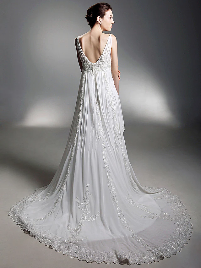 Princess A-Line Wedding Dresses V Neck Chapel Train Chiffon Sleeveless Pure Color