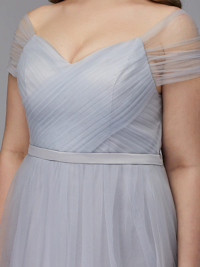 A-Line Elegant Cocktail Party Prom Dress Off Shoulder Short Sleeve Tea Length Tulle with Sash Ribbon Criss