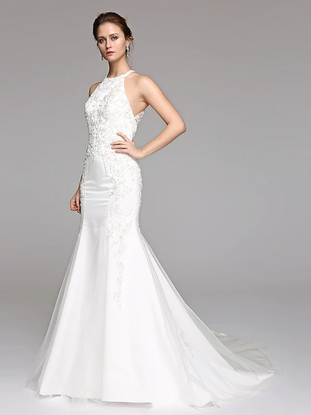 Wedding Dresses Halter NeckLace Over Tulle Regular Straps Sexy Illusion Detail