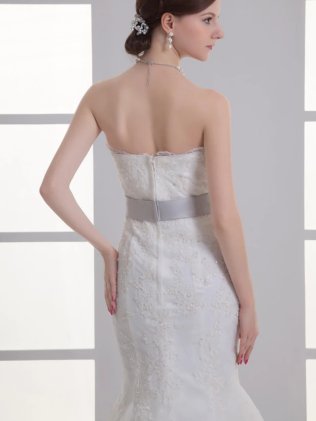 Wedding Dresses Strapless Chapel Train Lace Satin Strapless with Sashes Ribbons Bow(s)