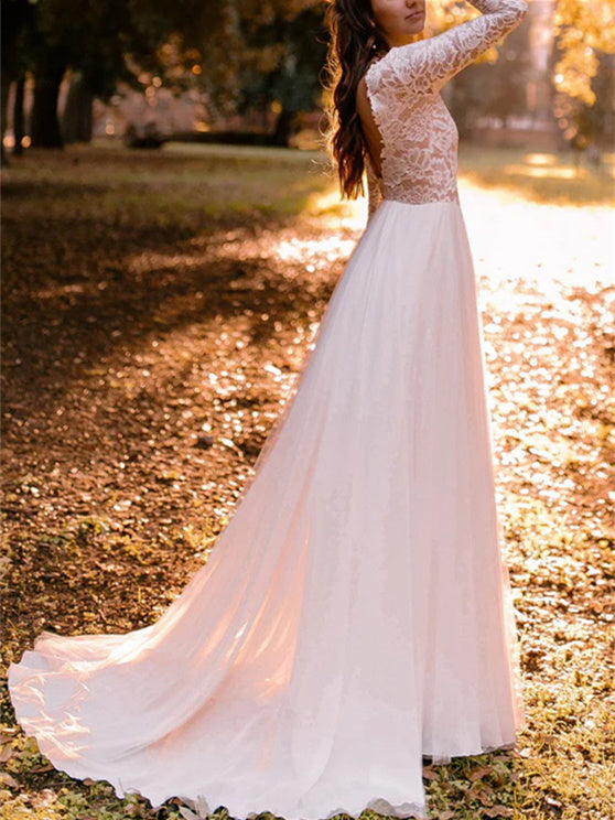 A-Line/Princess Scoop Floor-Length Wedding Dress Open Back
