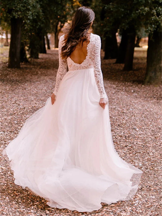 A-Line/Princess Scoop Floor-Length Wedding Dress Open Back