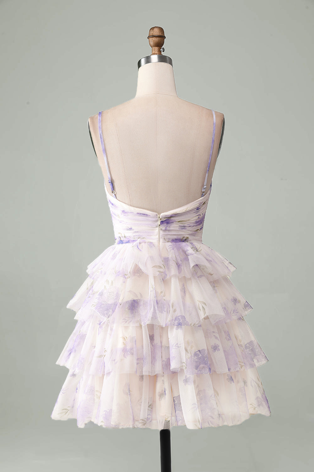 Lavender Flower A-Line Spaghetti Straps Tiered Pleated Short Homecoming Dress Sexy