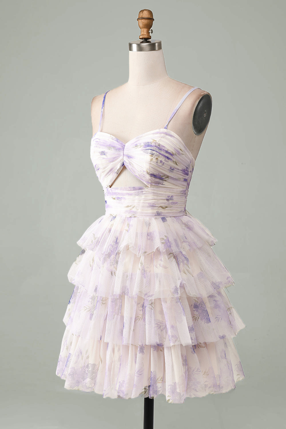 Lavender Flower A-Line Spaghetti Straps Tiered Pleated Short Homecoming Dress Sexy