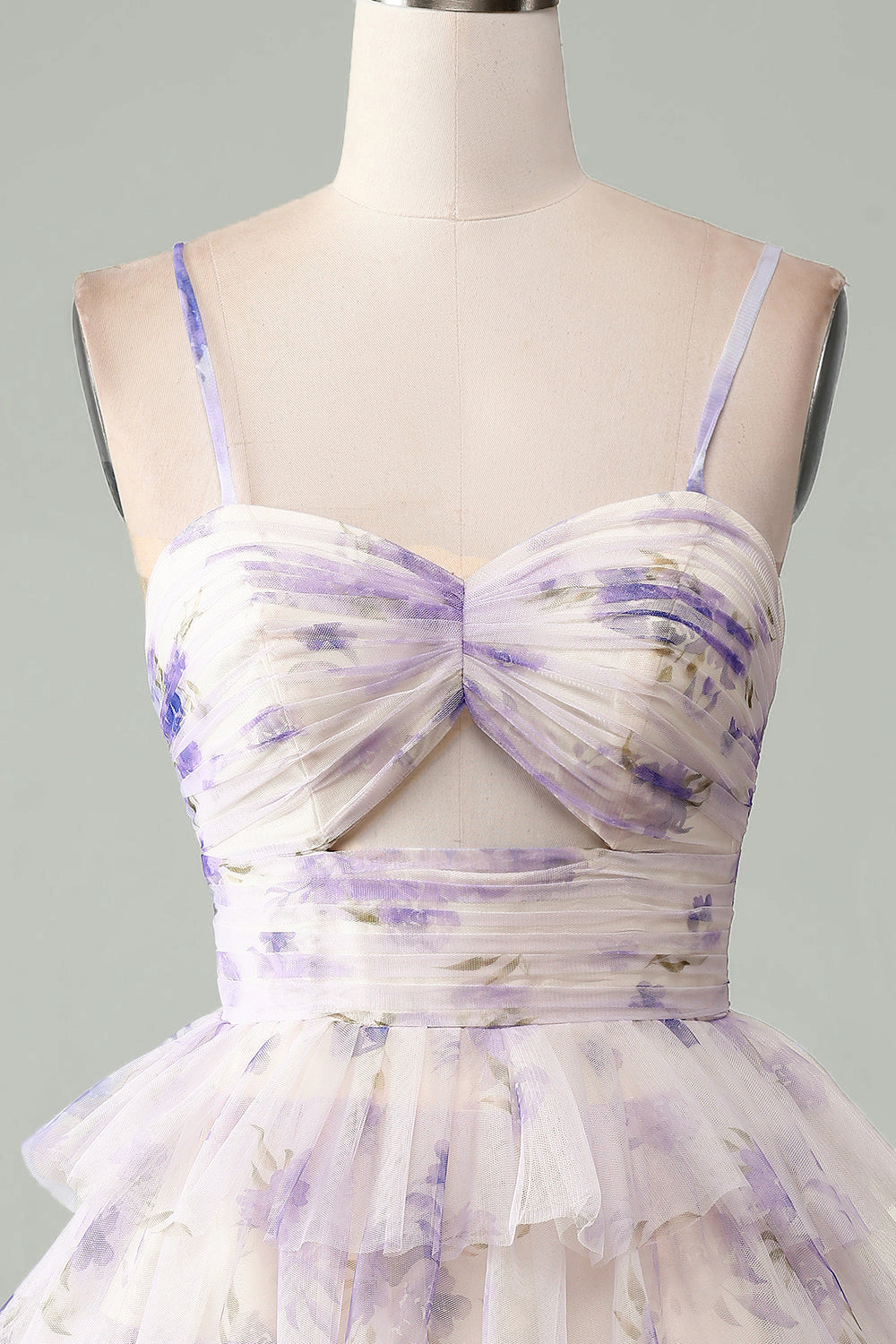 Lavender Flower A-Line Spaghetti Straps Tiered Pleated Short Homecoming Dress Sexy