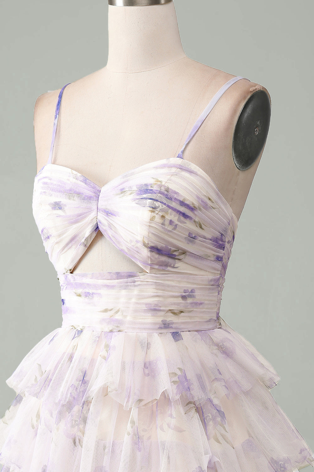 Lavender Flower A-Line Spaghetti Straps Tiered Pleated Short Homecoming Dress Sexy