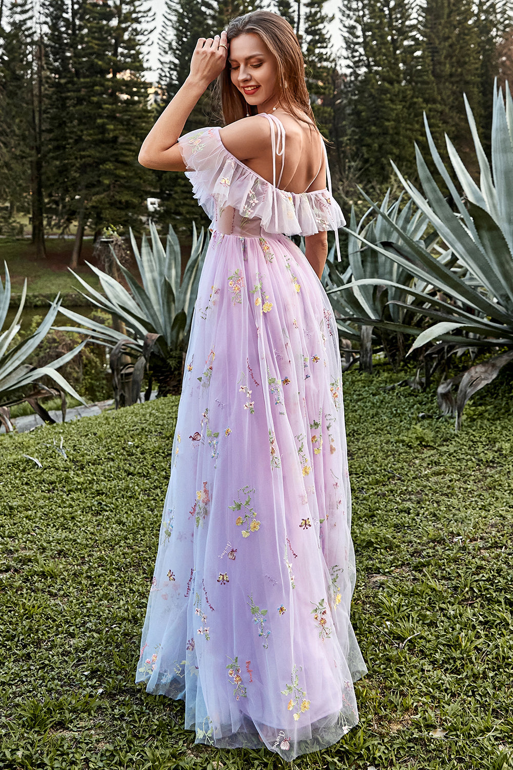 A-Line V-Neck Spaghetti Straps Embroidery Grey Blue Long Prom Dress with Slit Sexy