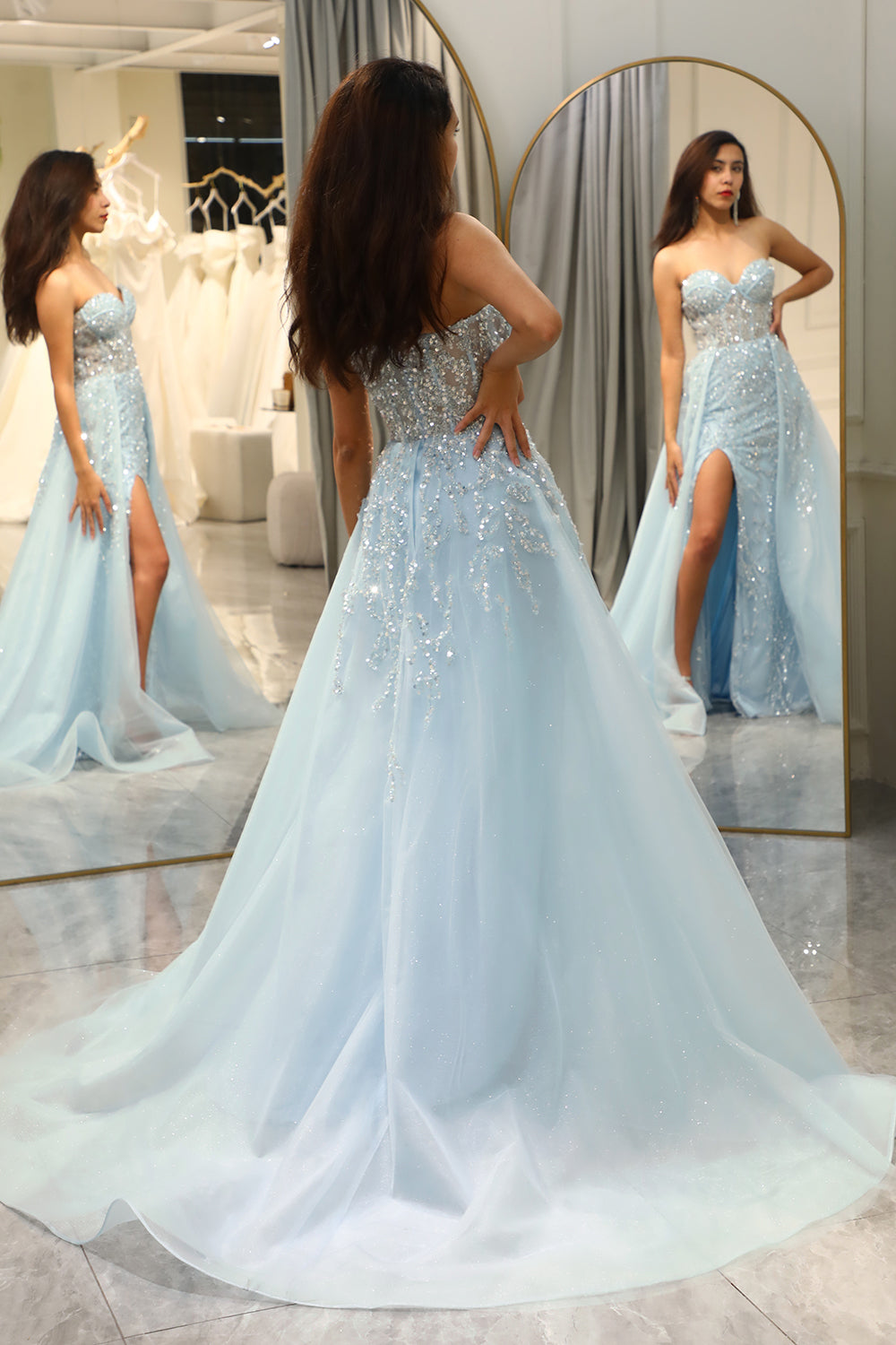 Glitter Light Blue Long Corset Beaded Prom Dress With Slit Off Shoulder Sparkly
