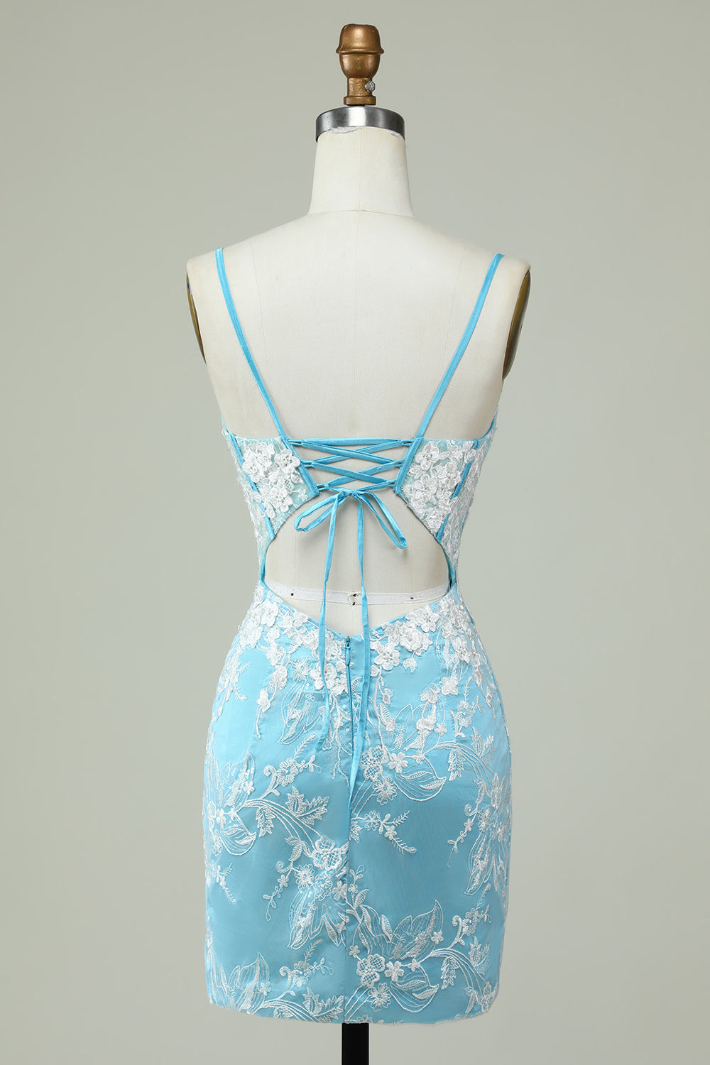 Light Blue Sheath Spaghetti Straps Short Homecoming Dress with Appliques With Flowers
