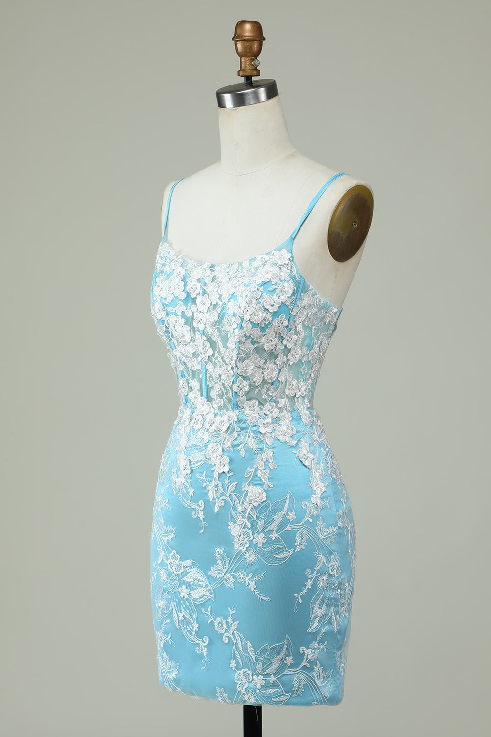 Light Blue Sheath Spaghetti Straps Short Homecoming Dress with Appliques With Flowers