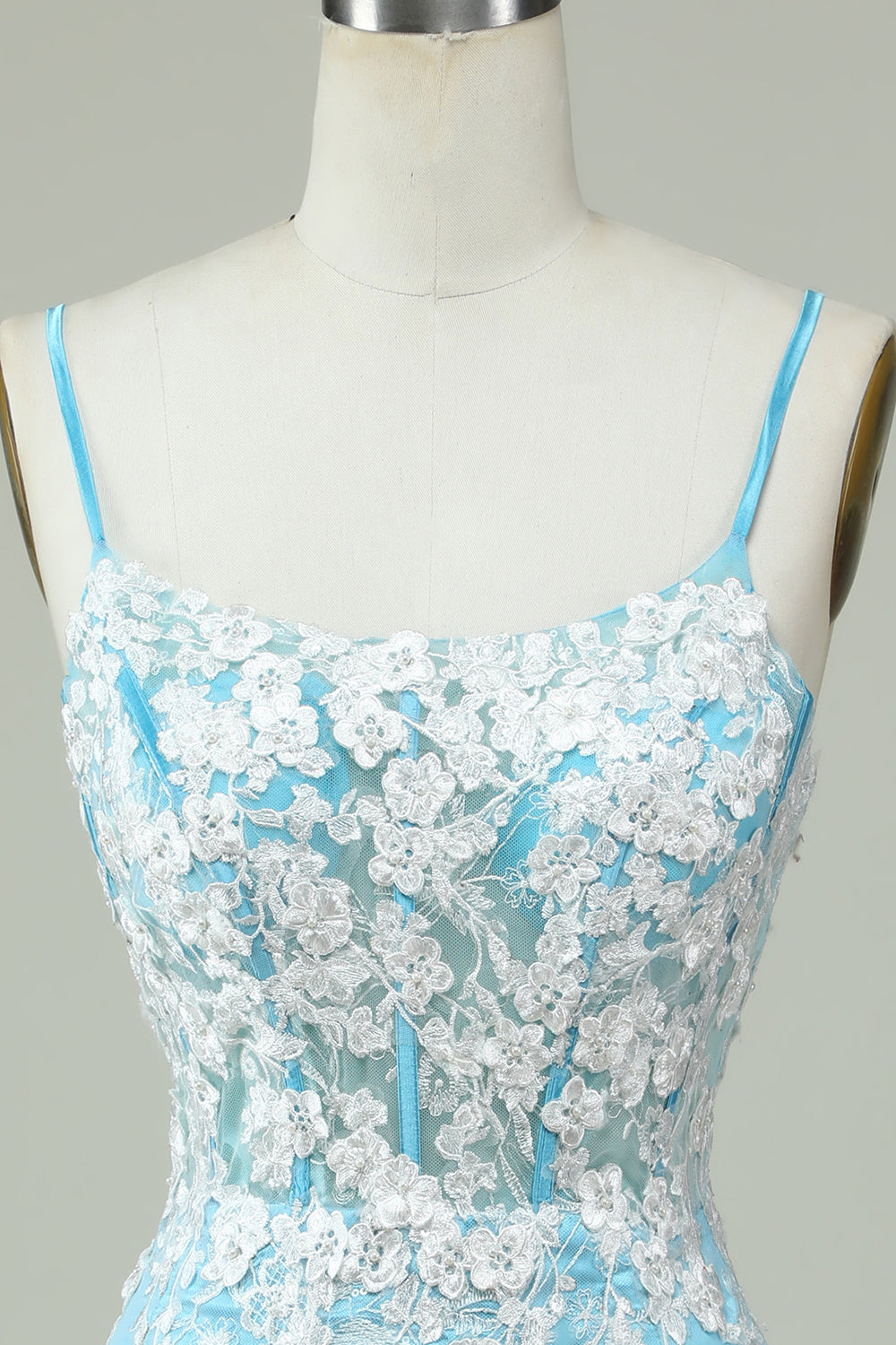 Light Blue Sheath Spaghetti Straps Short Homecoming Dress with Appliques With Flowers
