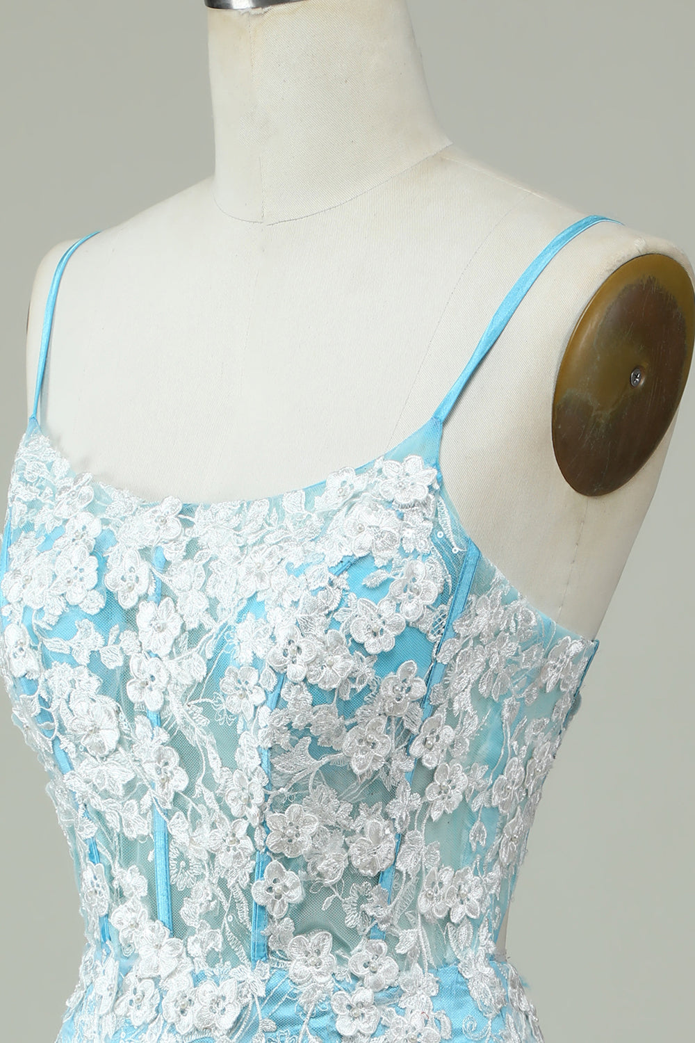Light Blue Sheath Spaghetti Straps Short Homecoming Dress with Appliques With Flowers