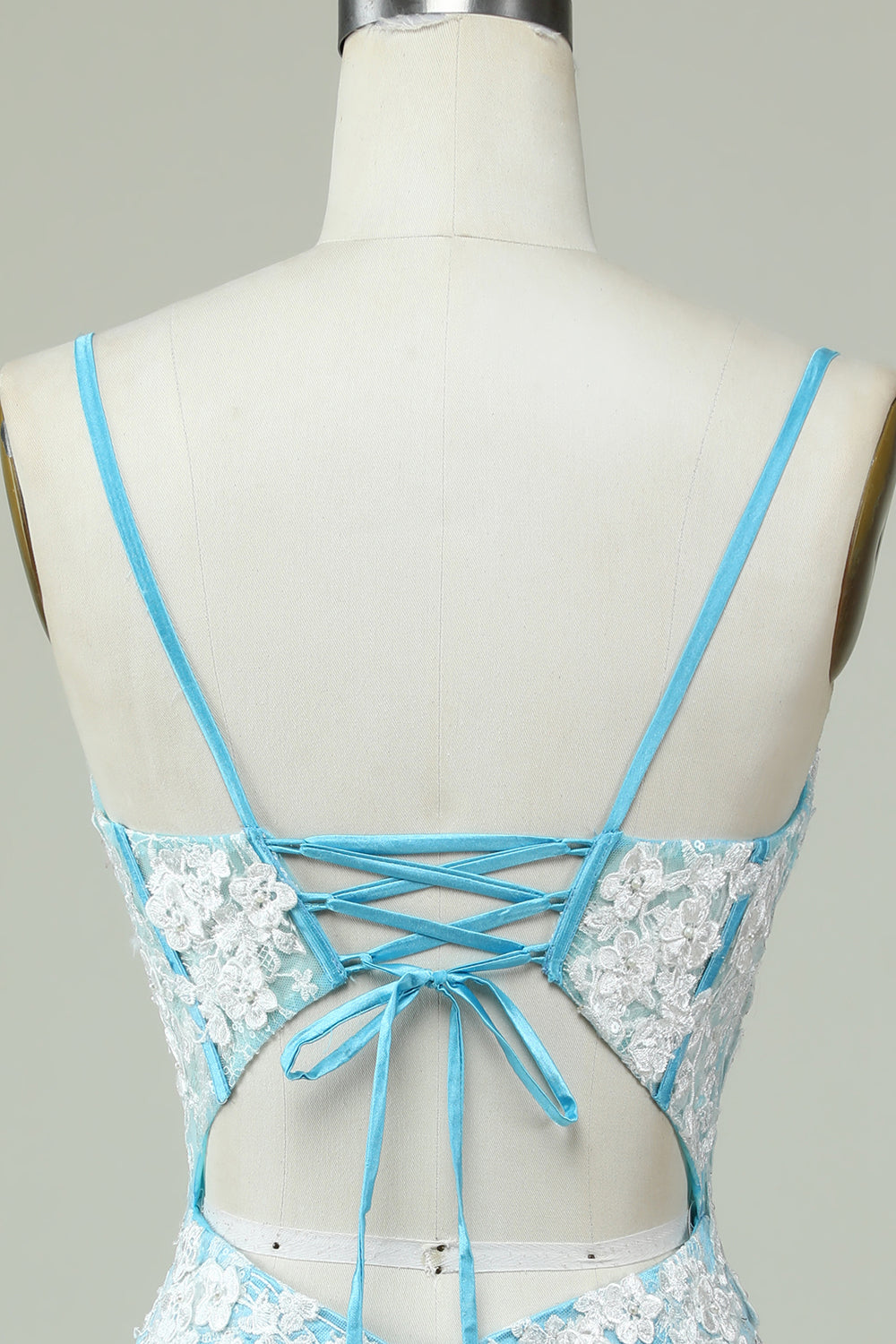 Light Blue Sheath Spaghetti Straps Short Homecoming Dress with Appliques With Flowers