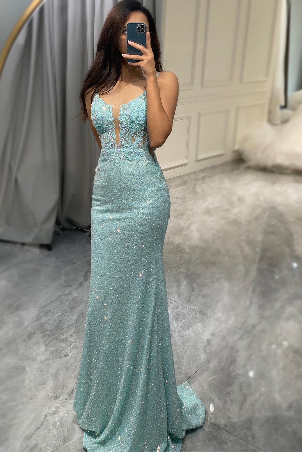 Sparkly Mermaid Long Sequins Prom Dress With Appliques Sexy Evening Dresses