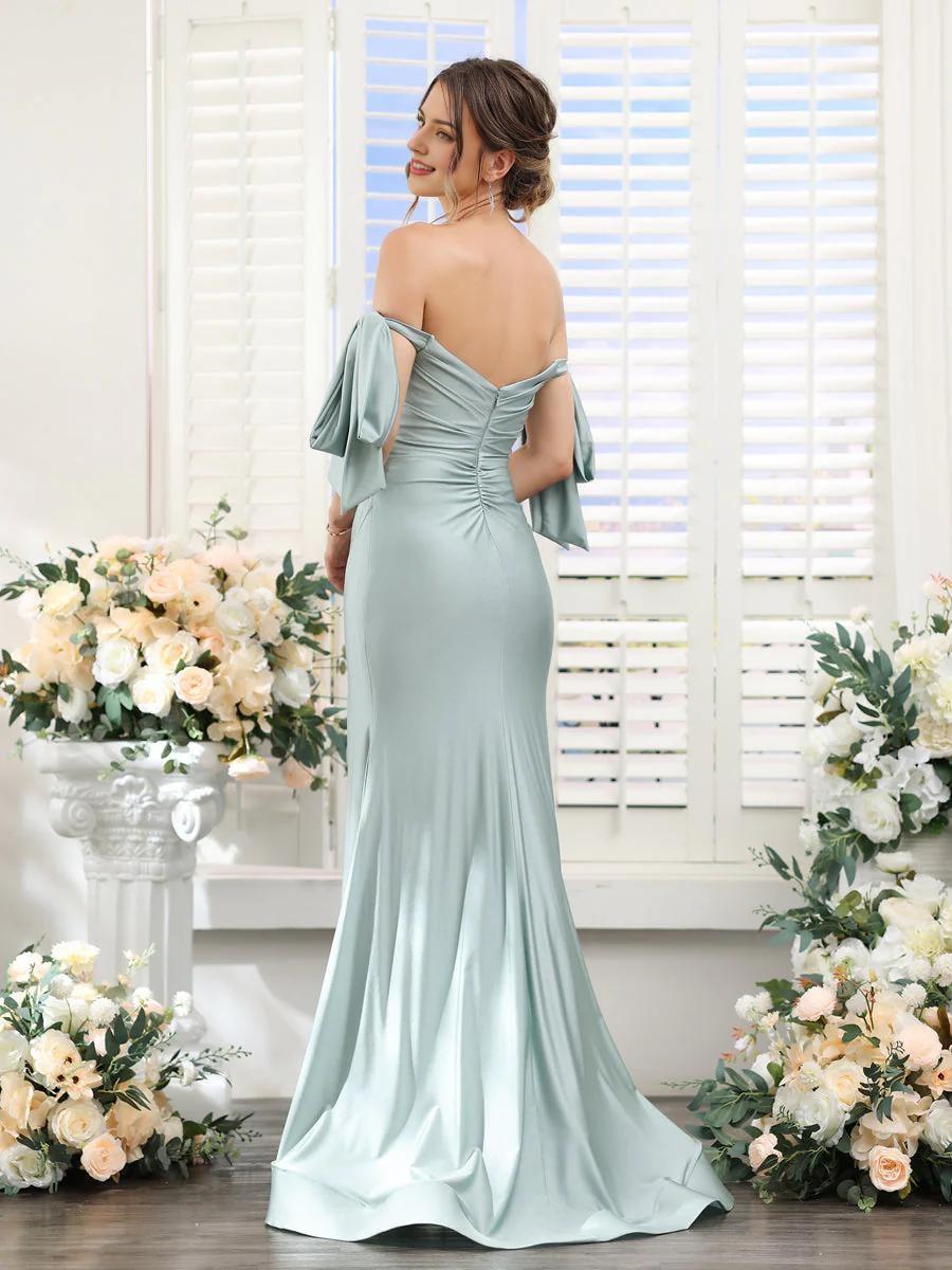 A-Line V-Neck Sleeve Bridesmaid Dress for Wedding Guest Long Chiffon Formal Party Dresses with Slit Sexy