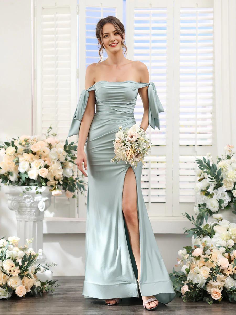 A-Line V-Neck Sleeve Bridesmaid Dress for Wedding Guest Long Chiffon Formal Party Dresses with Slit Sexy