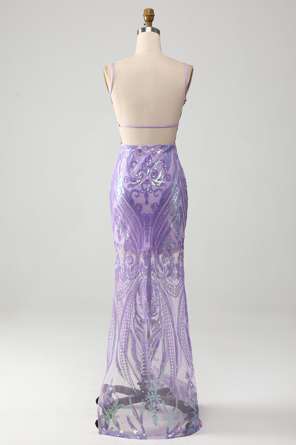 Light Purple Spaghetti Straps Sparkly Sequin Backless Prom Dress Beautiful Long