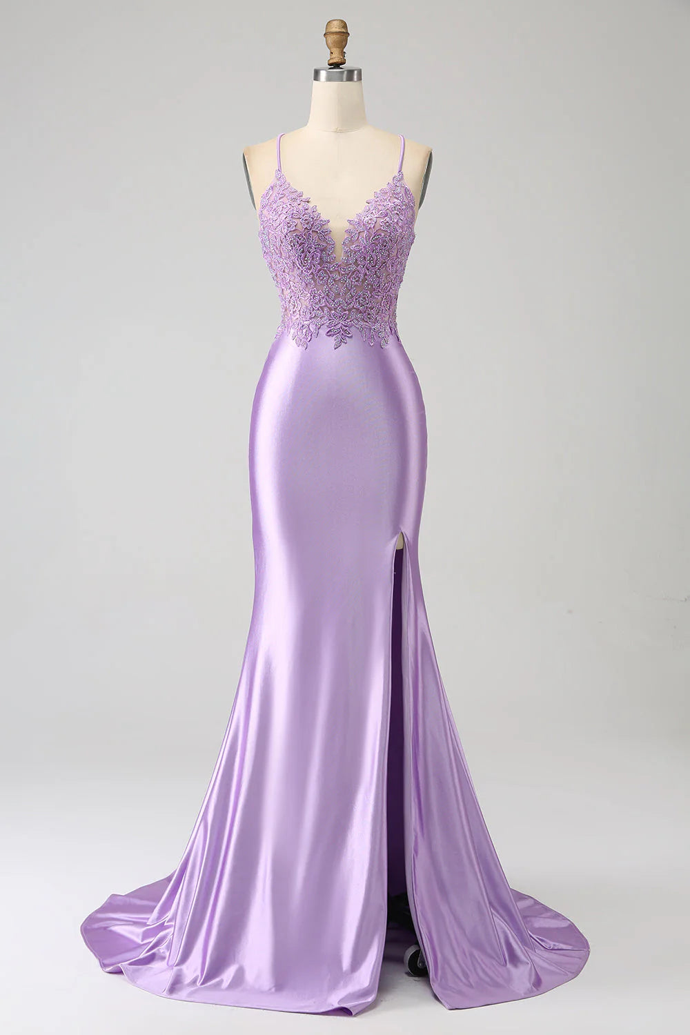 Mermaid Spaghetti Straps Long Prom Dress with Appliques Slit V-neck Pure Color