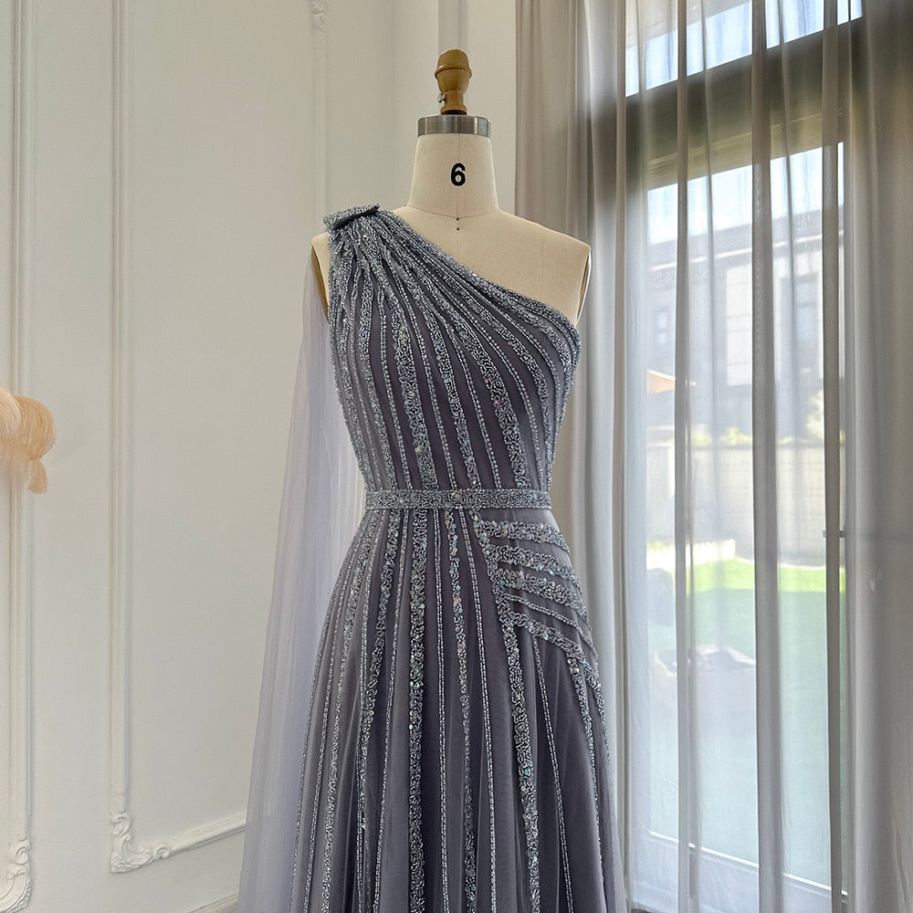 Luxury One Shoulder Tulle Beaded Slit Prom Dress with Cape Sparkly Evening Dresses
