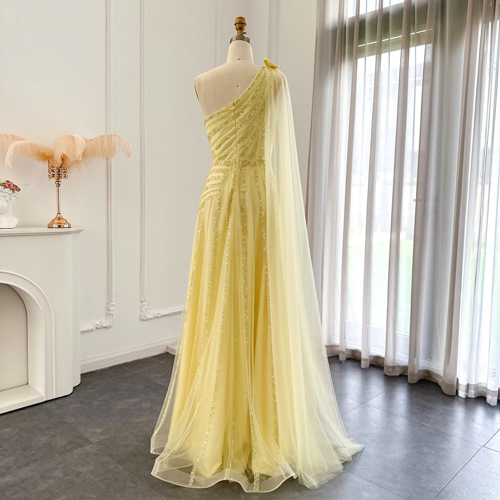Luxury One Shoulder Tulle Beaded Slit Prom Dress with Cape Sparkly Evening Dresses