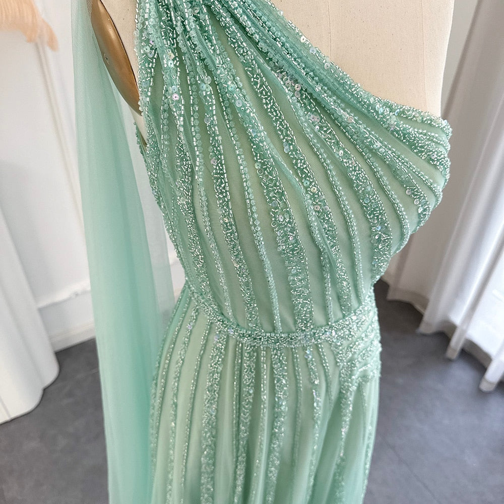 Luxury One Shoulder Tulle Beaded Slit Prom Dress with Cape Sparkly Evening Dresses