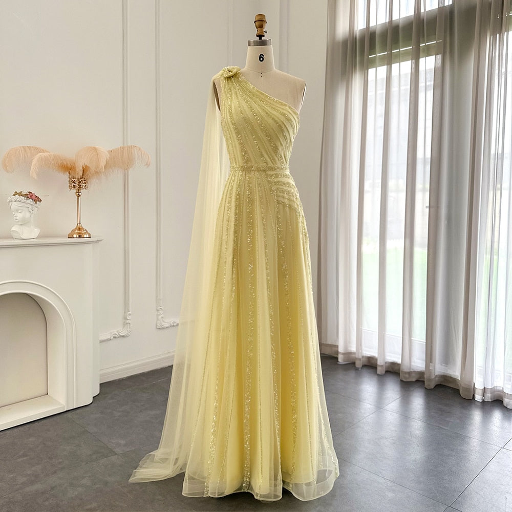Luxury One Shoulder Tulle Beaded Slit Prom Dress with Cape Sparkly Evening Dresses