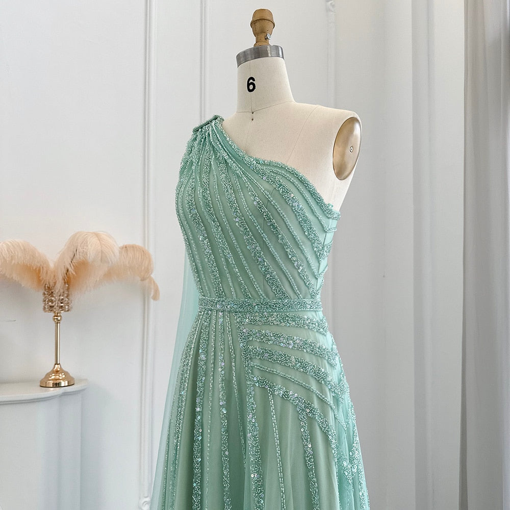 Luxury One Shoulder Tulle Beaded Slit Prom Dress with Cape Sparkly Evening Dresses