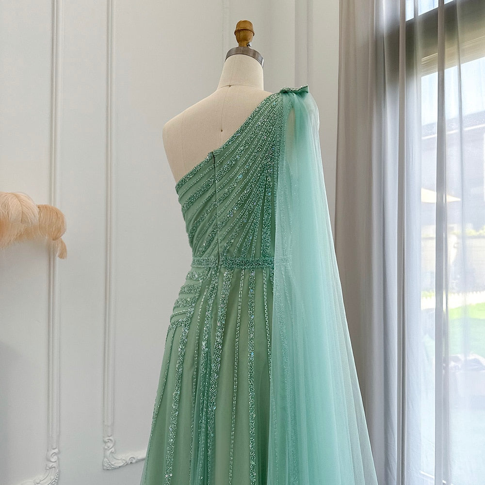 Luxury One Shoulder Tulle Beaded Slit Prom Dress with Cape Sparkly Evening Dresses