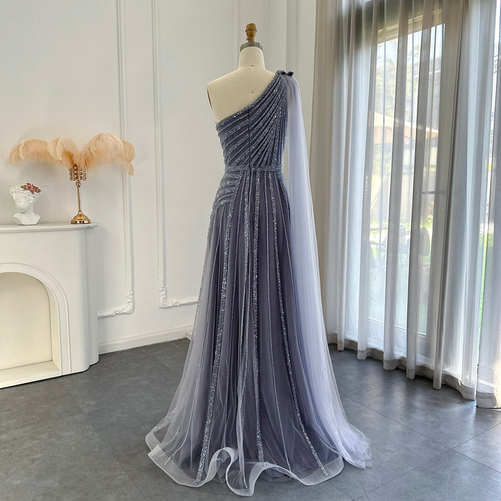 Luxury One Shoulder Tulle Beaded Slit Prom Dress with Cape Sparkly Evening Dresses