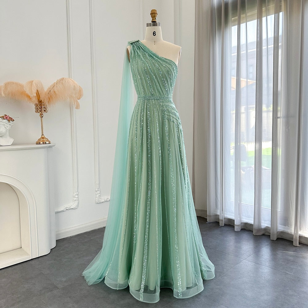 Luxury One Shoulder Tulle Beaded Slit Prom Dress with Cape Sparkly Evening Dresses