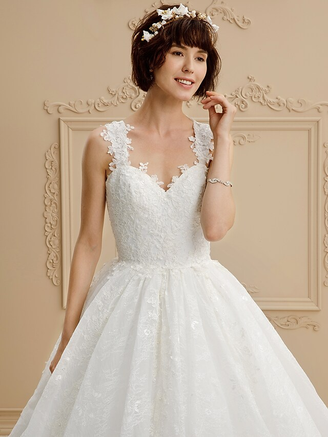 Ball Gown Wedding Dresses Sweetheart Neckline Tulle All Over Lace Regular Straps Glamorous Illusion Detail