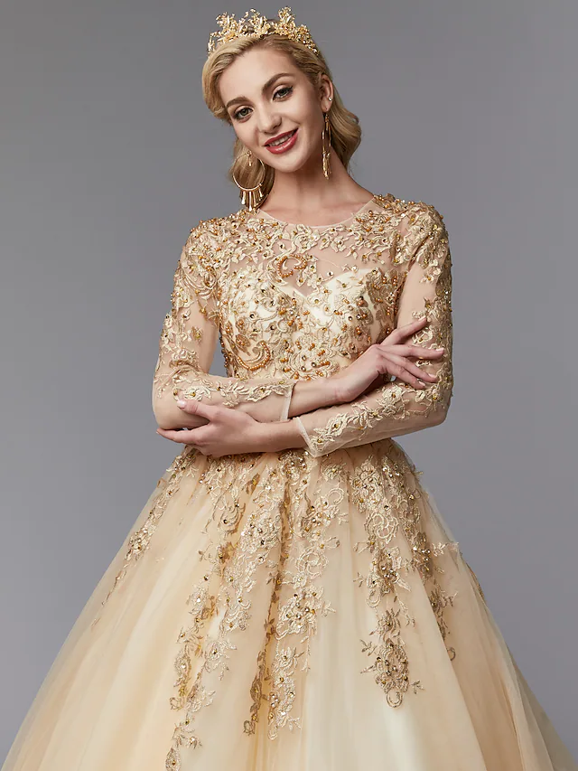 Ball Gown Wedding Dresses Jewel Neck Lace Tulle Long Sleeve Glamorous See-Through Backless Modern with Beading